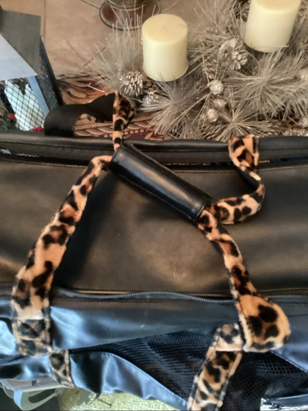 Black Cat Print Soft-Sided Pet Carrier with Leopard Handles